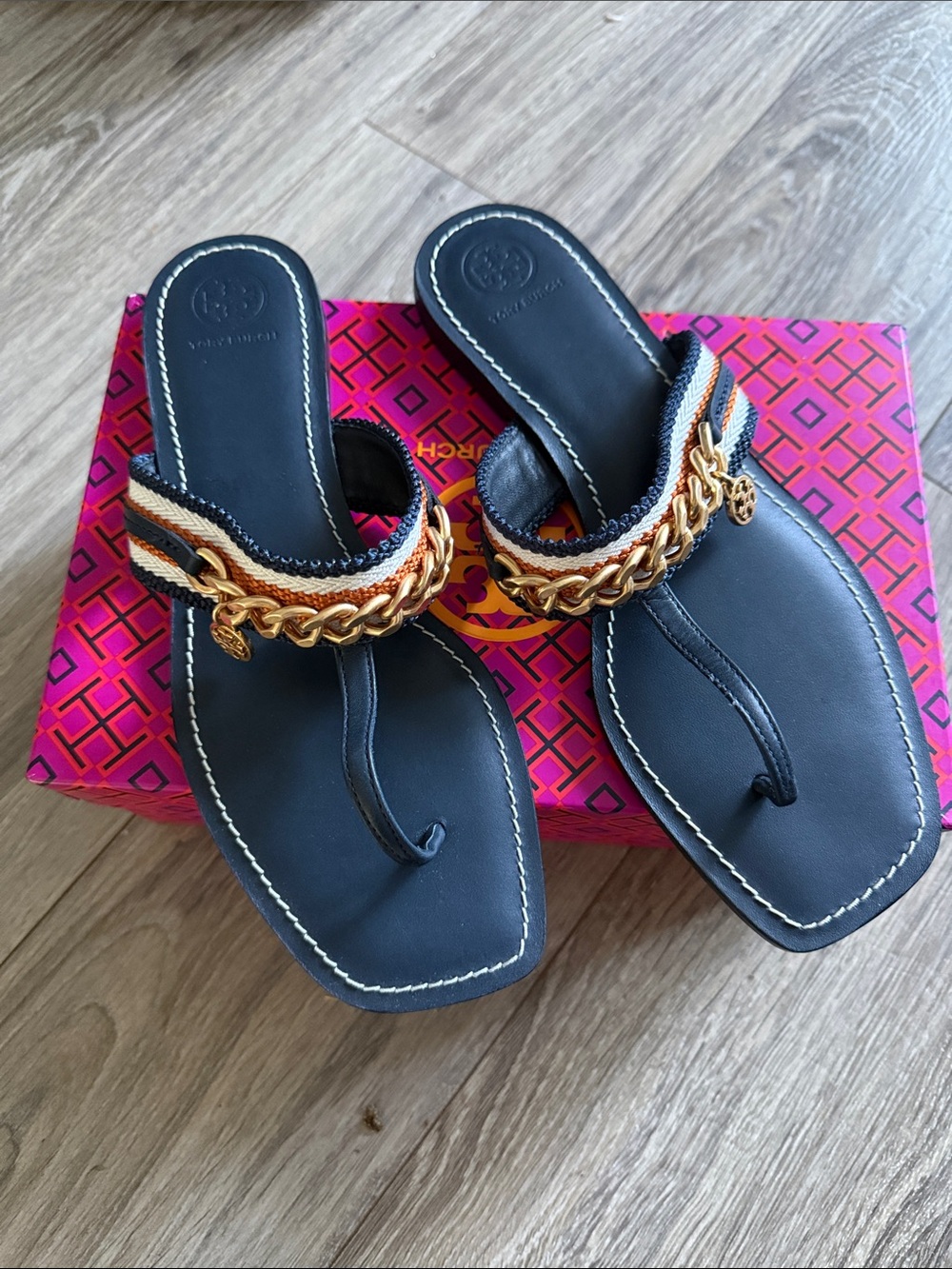 Tory Burch Mini Benton Chain Band Sandal Navy/Tan, Size 9